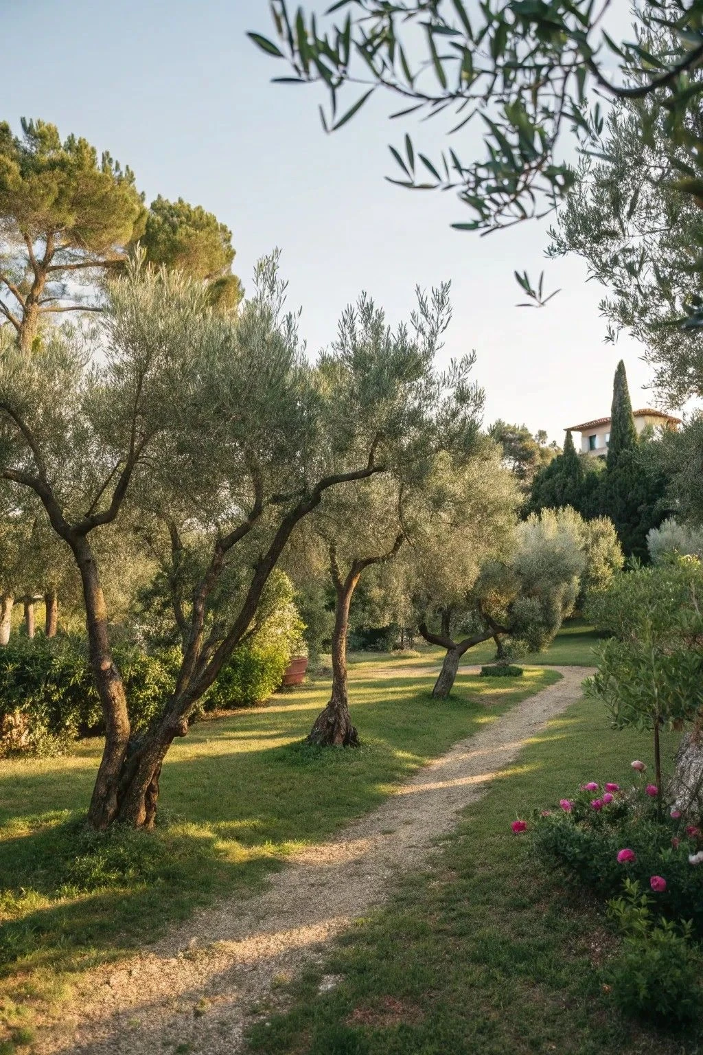 Olive trees and a quiet garden path in warm natural light.