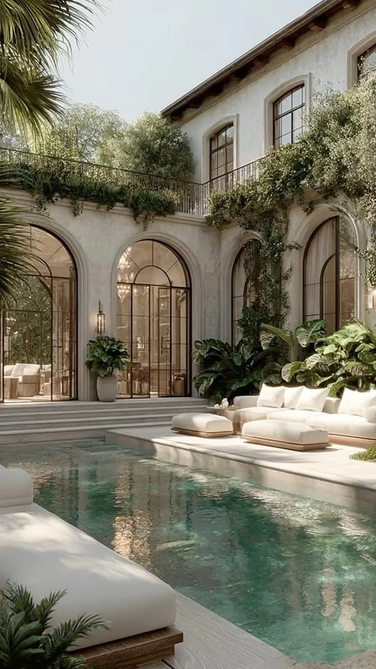 Limestone courtyard with pool, greenery and arched windows.